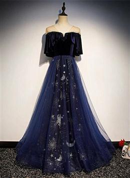 Picture of Blue Tulle with Velvet Long Party Dresses, A-line Off Shoulder Formal Dresses Prom Dresses